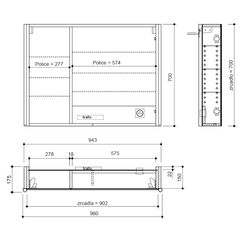 ALIX galerka s LED osvětlením 96x70x17,5cm, jilm bardini AX196-0013